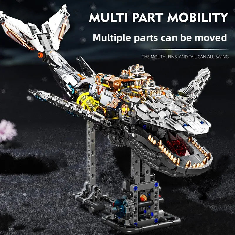 MJI 13059 Semi-Mechanical Whale Building Blocks, 1388PCS Sea Life MOC Model with Stand & Light, Movable Joint DIY Assembly Brick