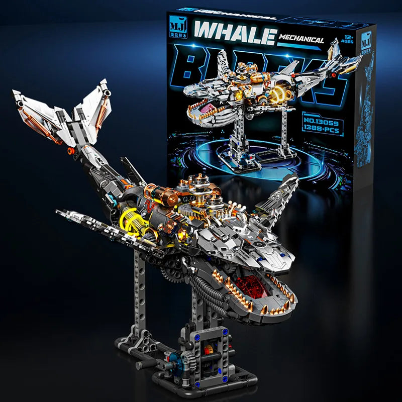 MJI 13059 Semi-Mechanical Whale Building Blocks, 1388PCS Sea Life MOC Model with Stand & Light, Movable Joint DIY Assembly Brick